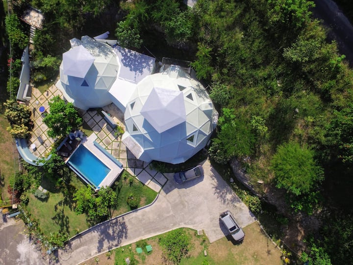 Aerial shot of geodesic dome villa in Jamaica